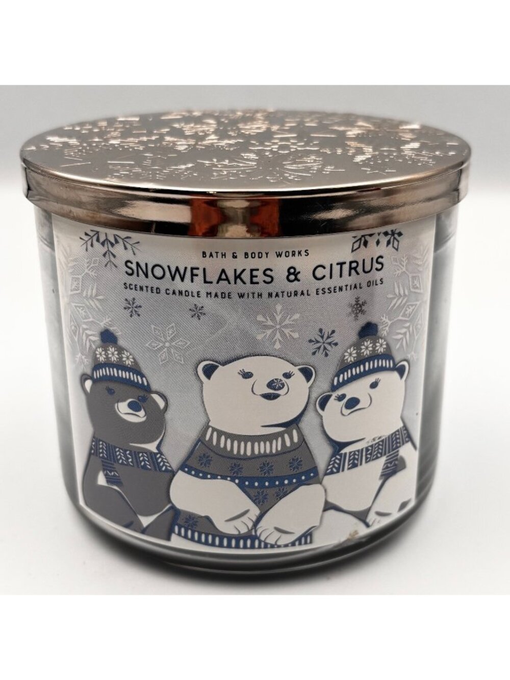 Bath & Body Works Snowflakes Citrus 3 Wick Candle 14.5 oz Christmas Polar Bear